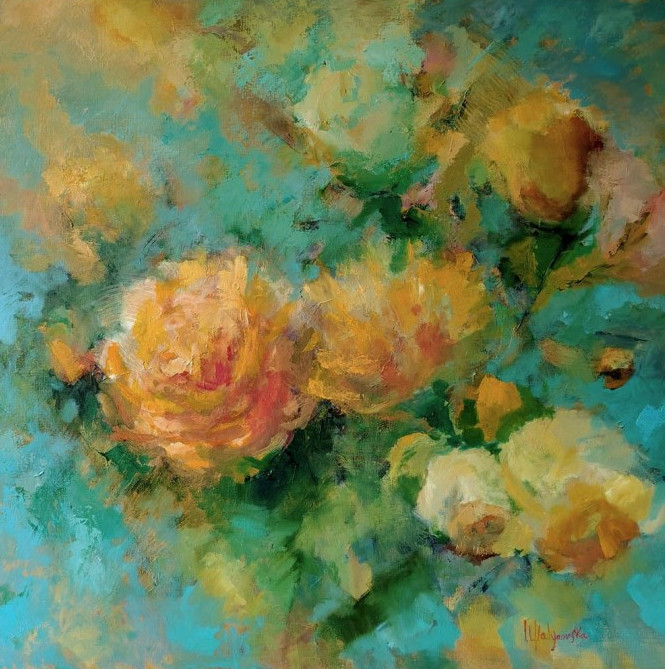 Lumière dorée, tableau floral jaune et bleu d’Iryna Malynovska
